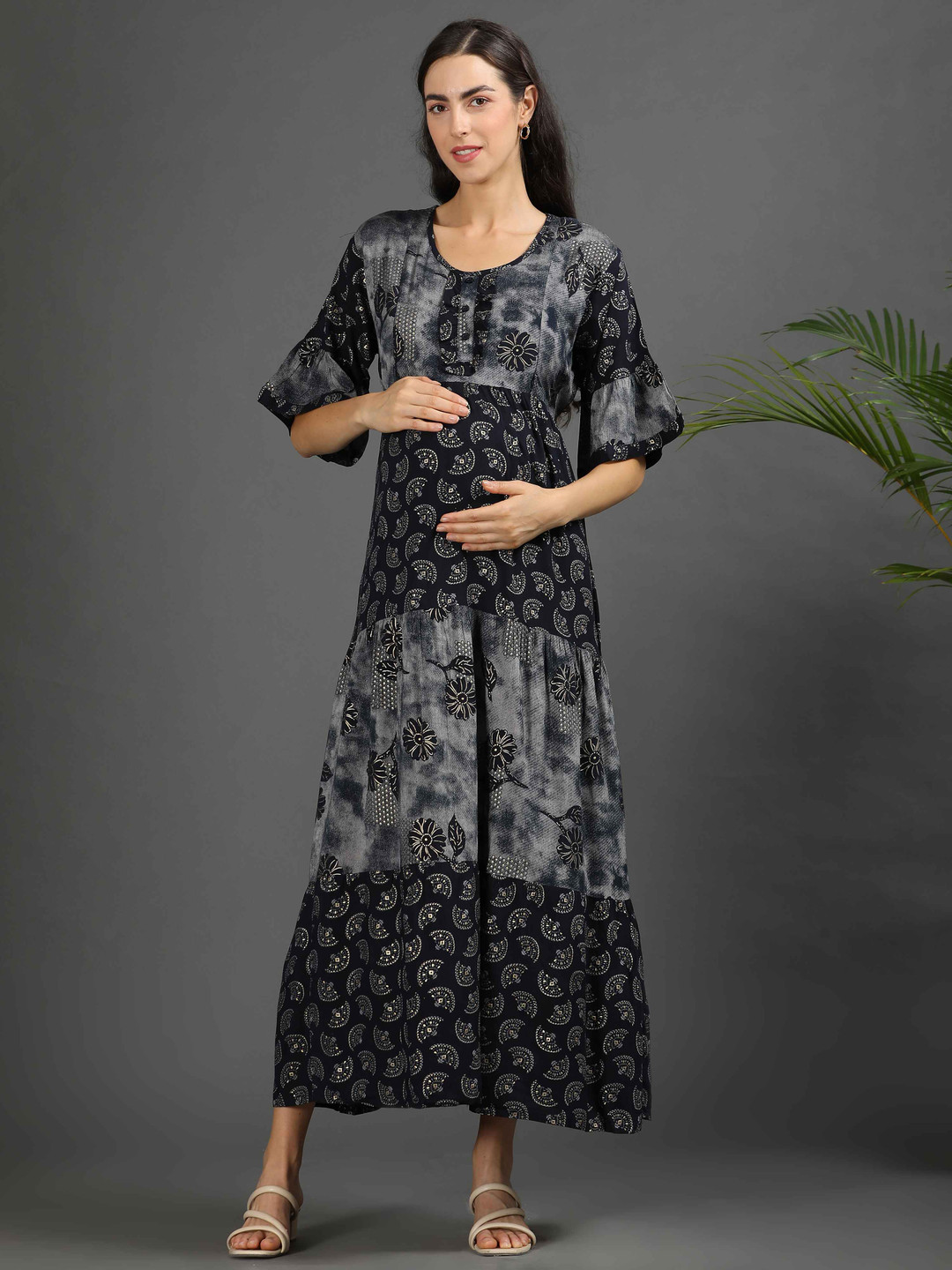 

GOLDSTROMS Women Printed Maternity Long Ethnic Dress, Navy blue