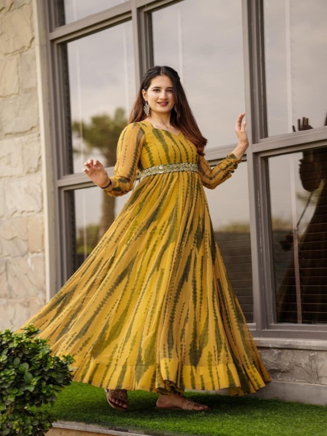 

LADY SHOPI Tie and Dye Dyed Georgette Fit & Flare Maxi Dress, Yellow