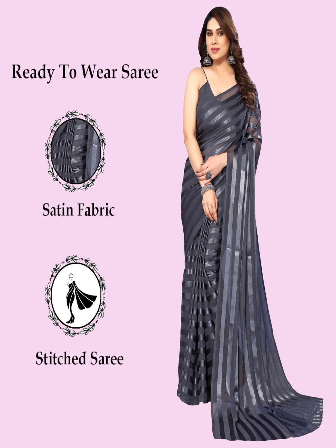 

ANAND SAREES Striped Beads and Stones Satin Saree, Grey