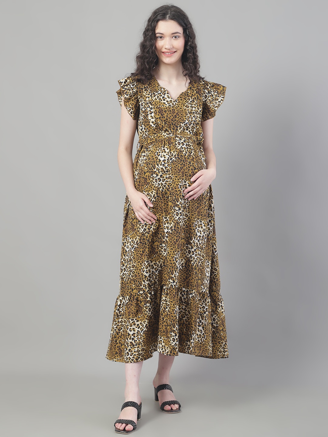

Frempy Animal Print Crepe Maternity Fit & Flare Midi Dress With Belt, Mustard
