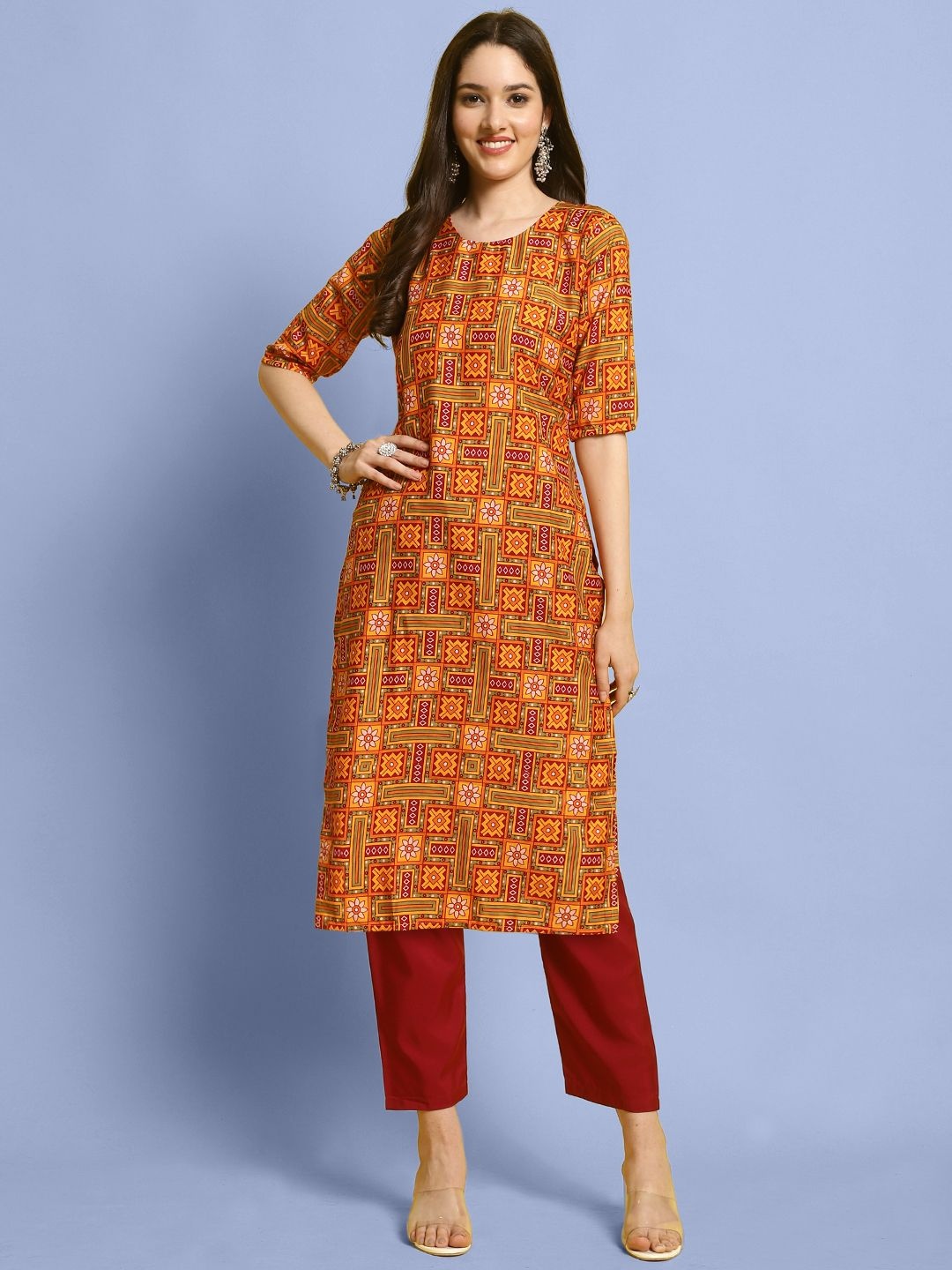 

7Thread Ethnic Motifs Printed Round Neck Straight Kurta With Trousers, Orange