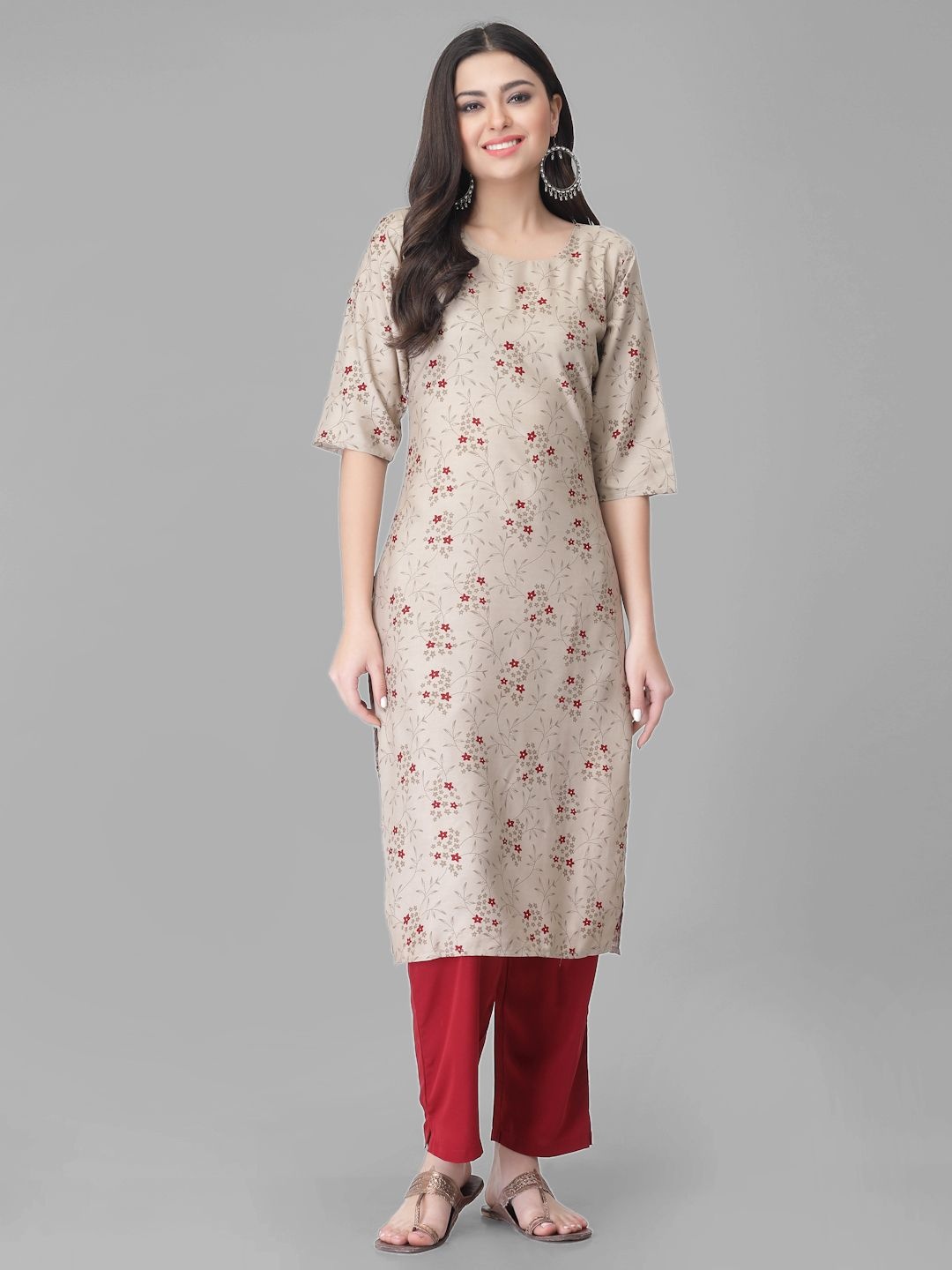 

7Threads Floral Printed Round Neck Straight Kurta With Trousers, Beige