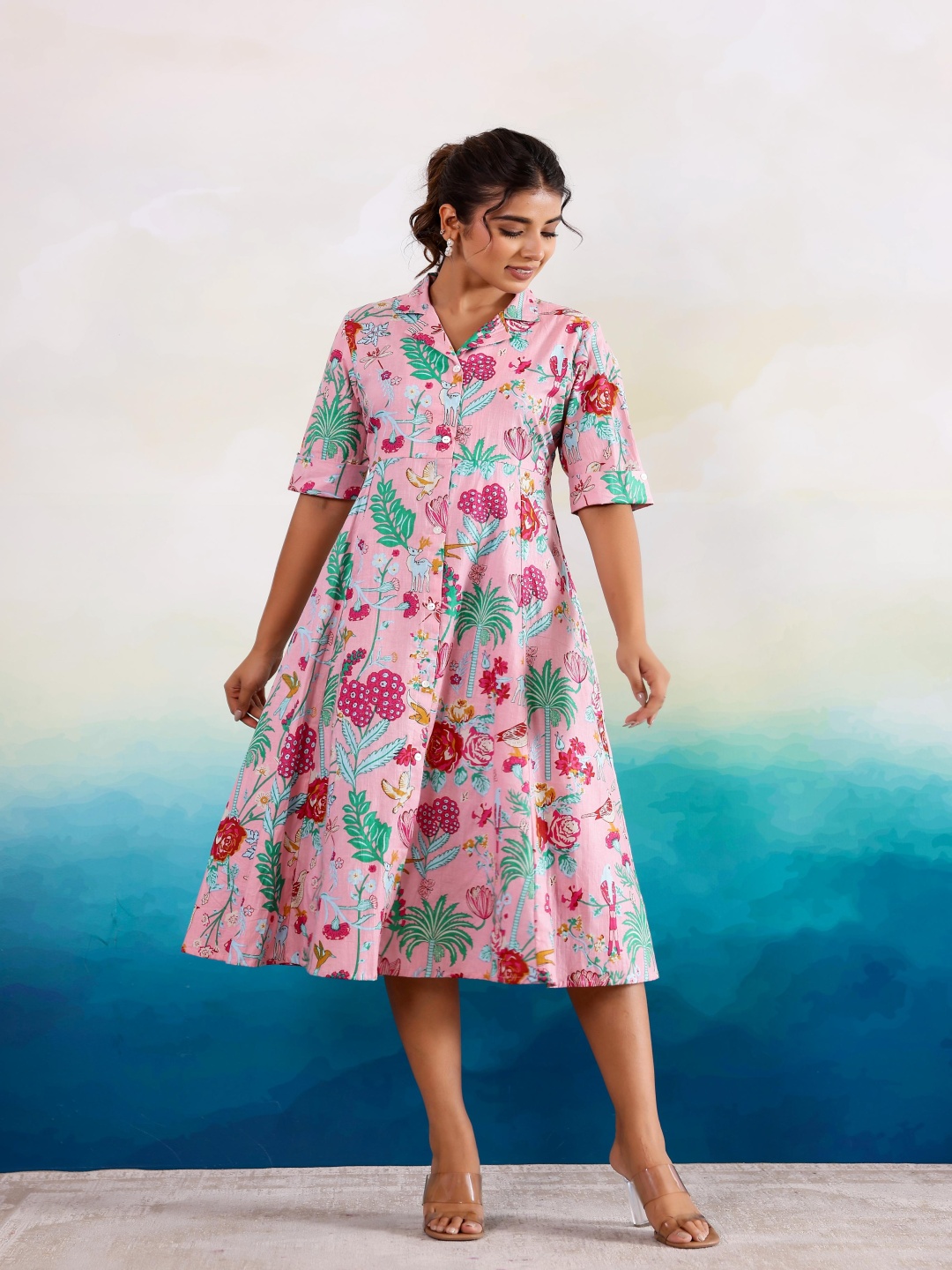 

FLAVIA CREATION Printed Shirt Midi Dress, Pink