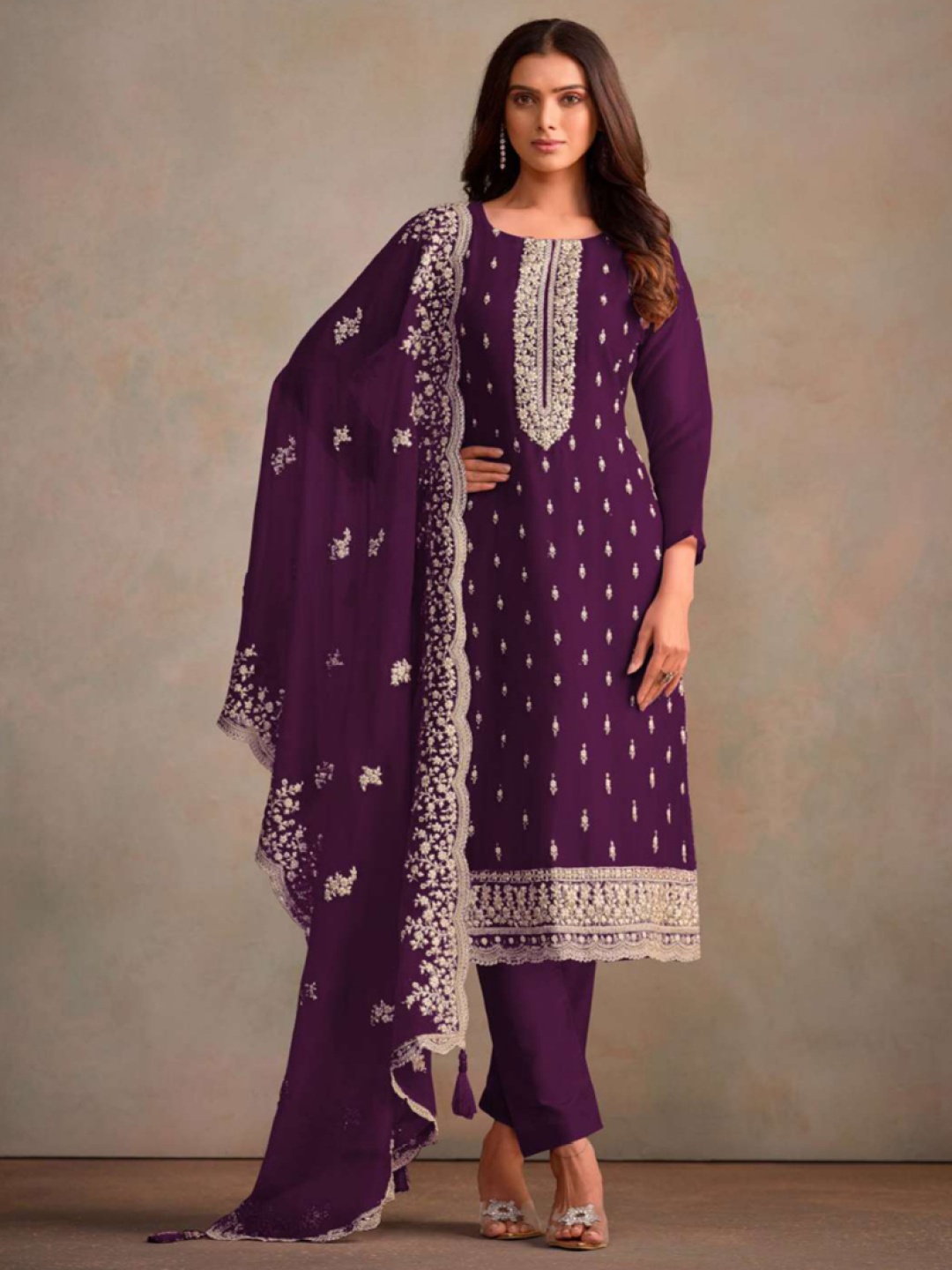 

ASISA Floral Embroidered Thread Work Organza Straight Kurta With Trousers & Dupatta, Purple