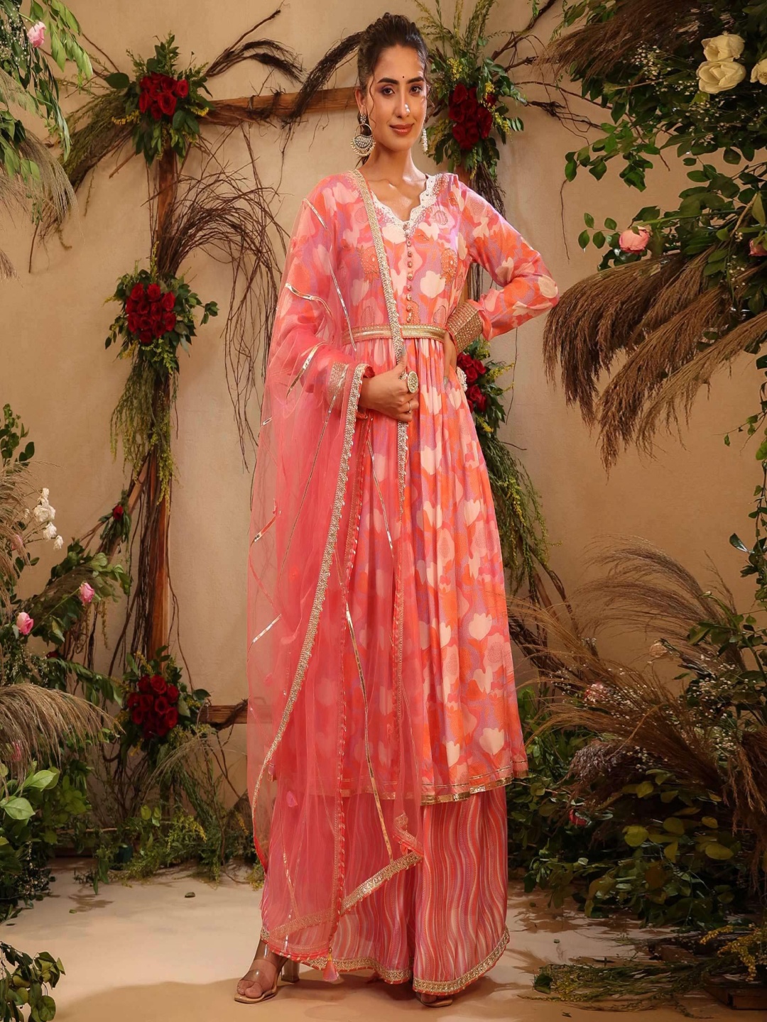 

Peachmode V Neck Long Sleeves Floral Printed Cotton A Line Kurta with Palazzo & Dupatta, Peach