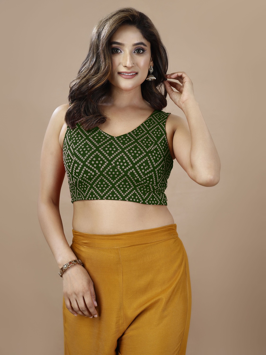 

Oomph! Printed V-Neck Saree Blouse, Green