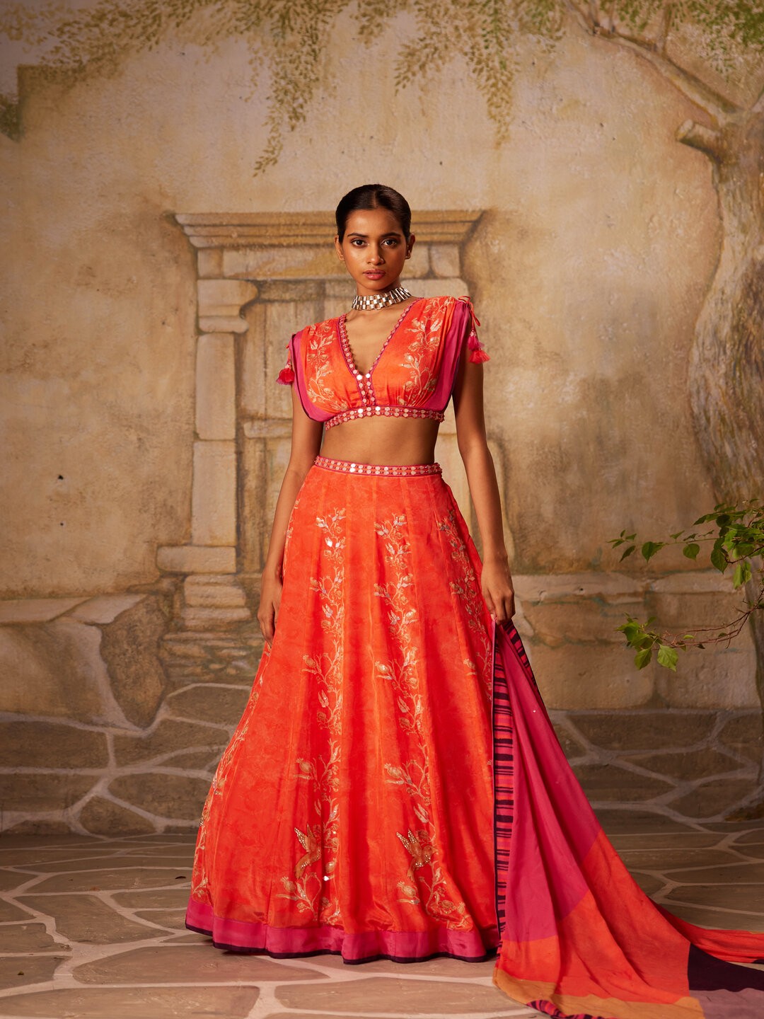 

Basil leaf Embellished Made to Measure Lehenga & Blouse With Dupatta, Orange