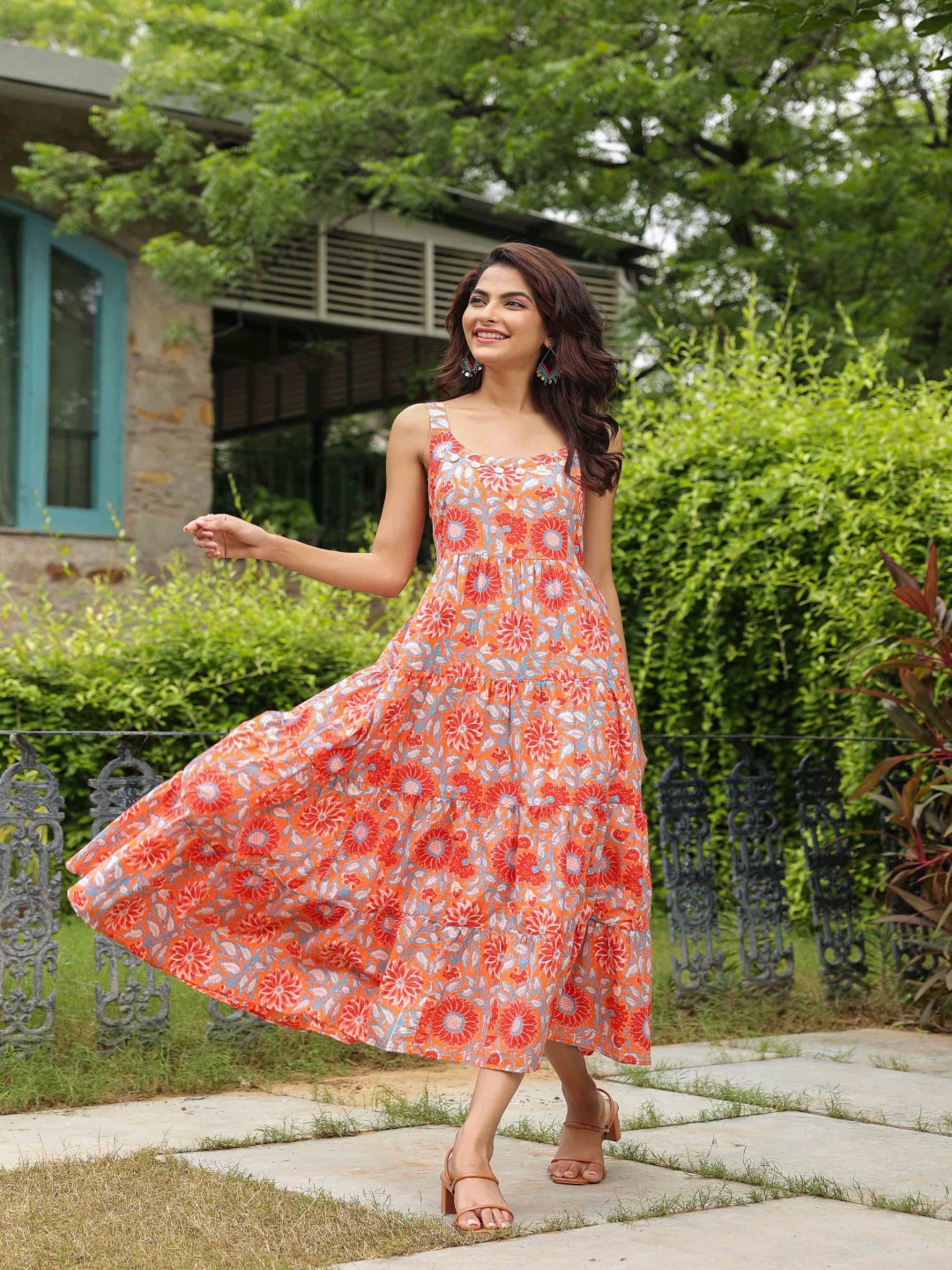 

Jaipur Morni Women Floral Print Fit & Flare Midi Cotton Dress, Orange