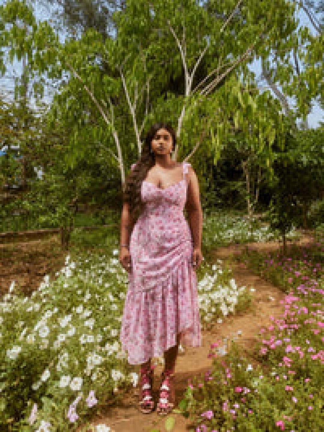 

Lea Clothing Co. Floral Printed Georgette Fit & Flare Midi Dress, Pink