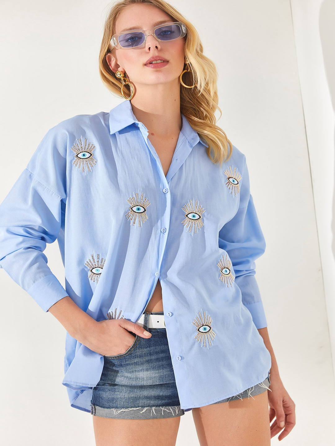 

Olalook Embroidered Spread Collar Pure Cotton Casual Shirt, Blue