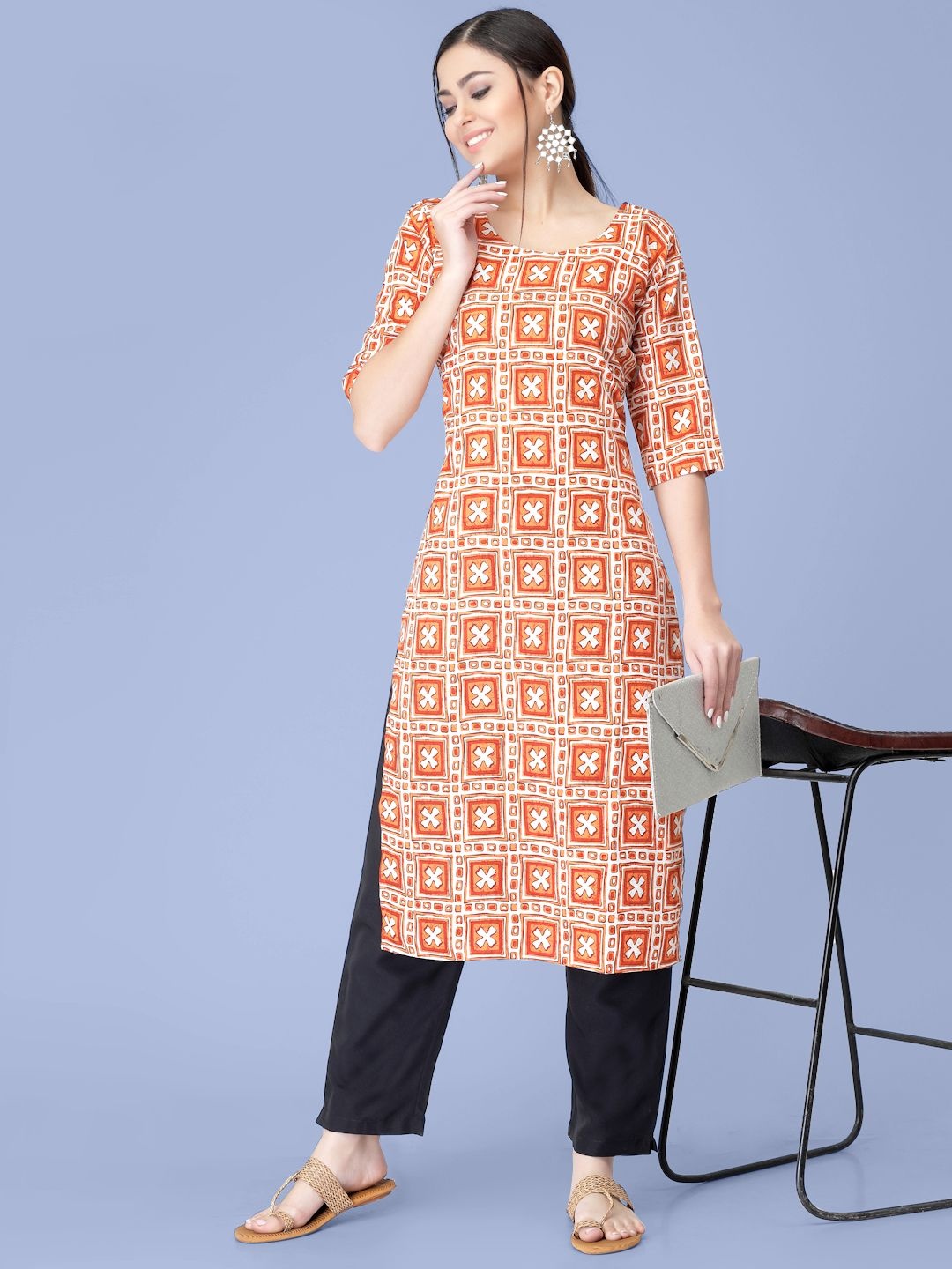 

7Threads Ethnic Motifs Printed Round Neck Kurta with Trousers, Orange