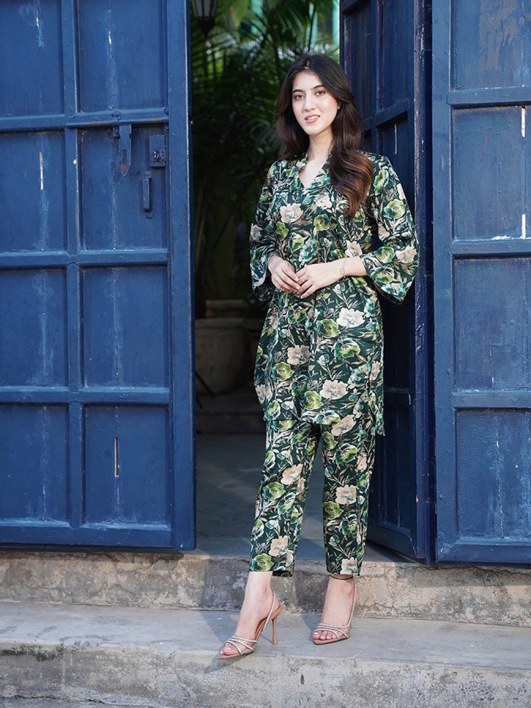 

all about you Mandarin Collar Printed Tunic & Trouser, Green
