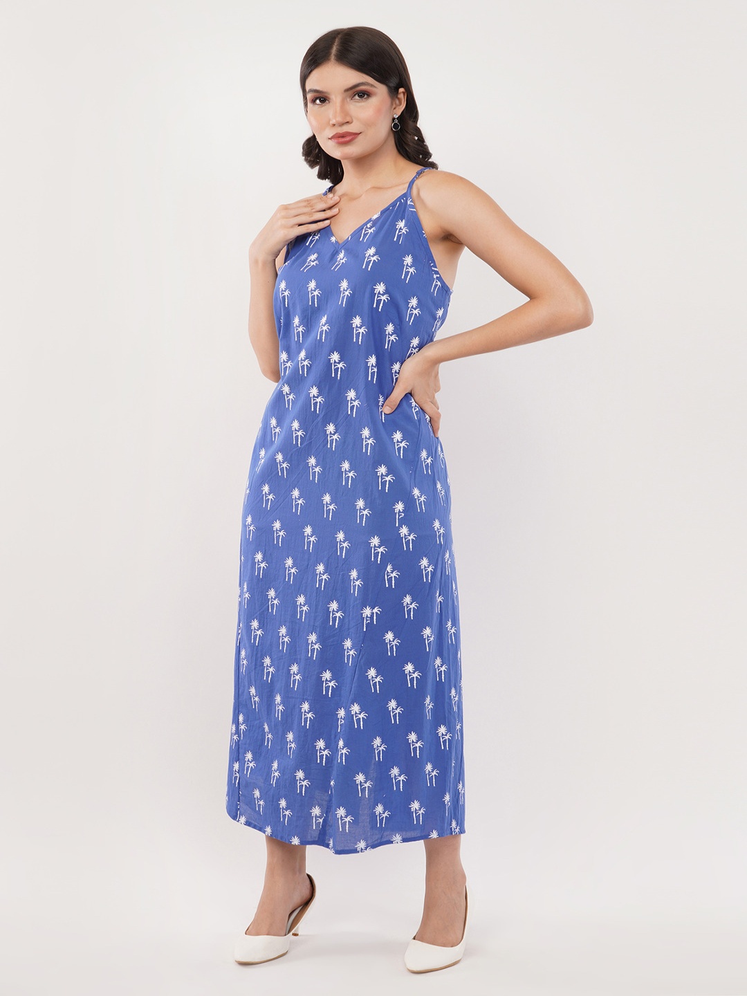 

Linen Options Women Tropical Printed Shoulder Straps Linen Maxi Dress, Blue