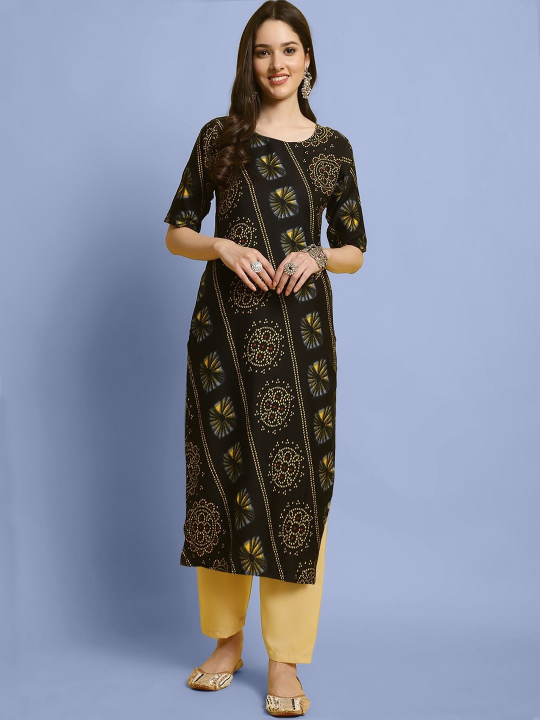 

7Threads Ethnic Motifs Printed Round Neck Straight Kurta With Trousers, Black