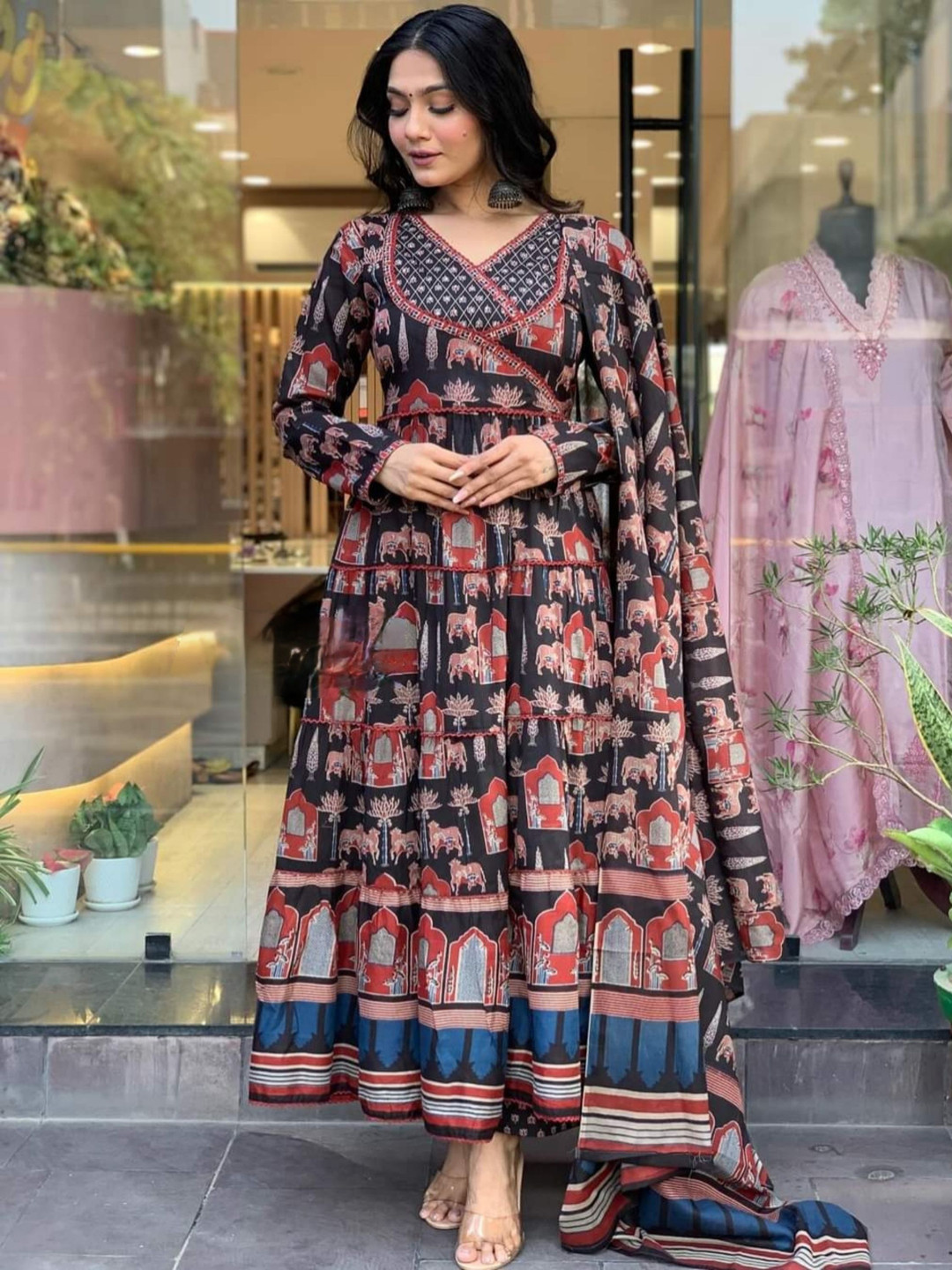 

KALINI Ethnic Motifs Printed Anarkali Pure Cotton Kurta with Trousers & Dupatta, Black