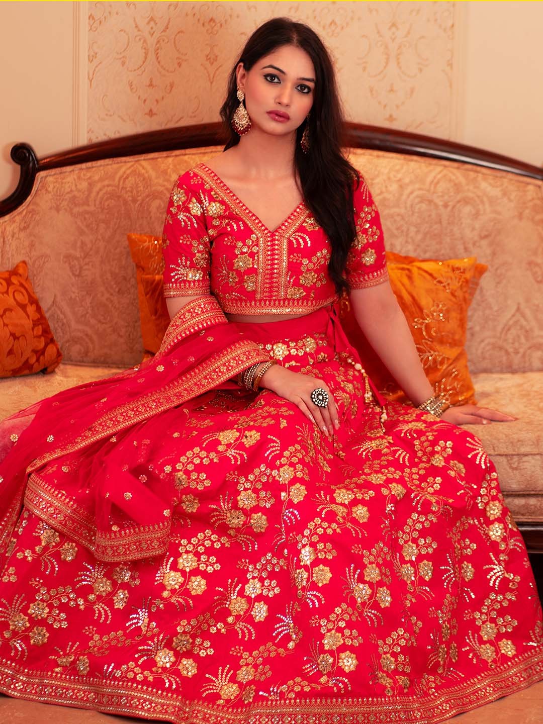 

FABPIXEL Embroidered Sequinned Semi-Stitched Lehenga & Unstitched Blouse With Dupatta, Red
