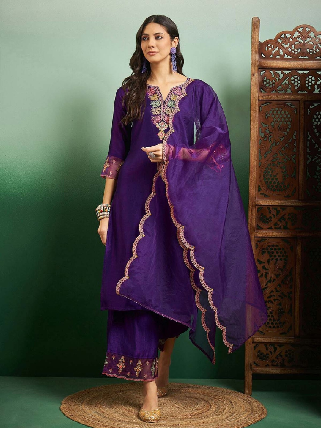 

Yara Creation Floral Embroidered Thread Work Kurta With Trousers & Dupatta, Purple