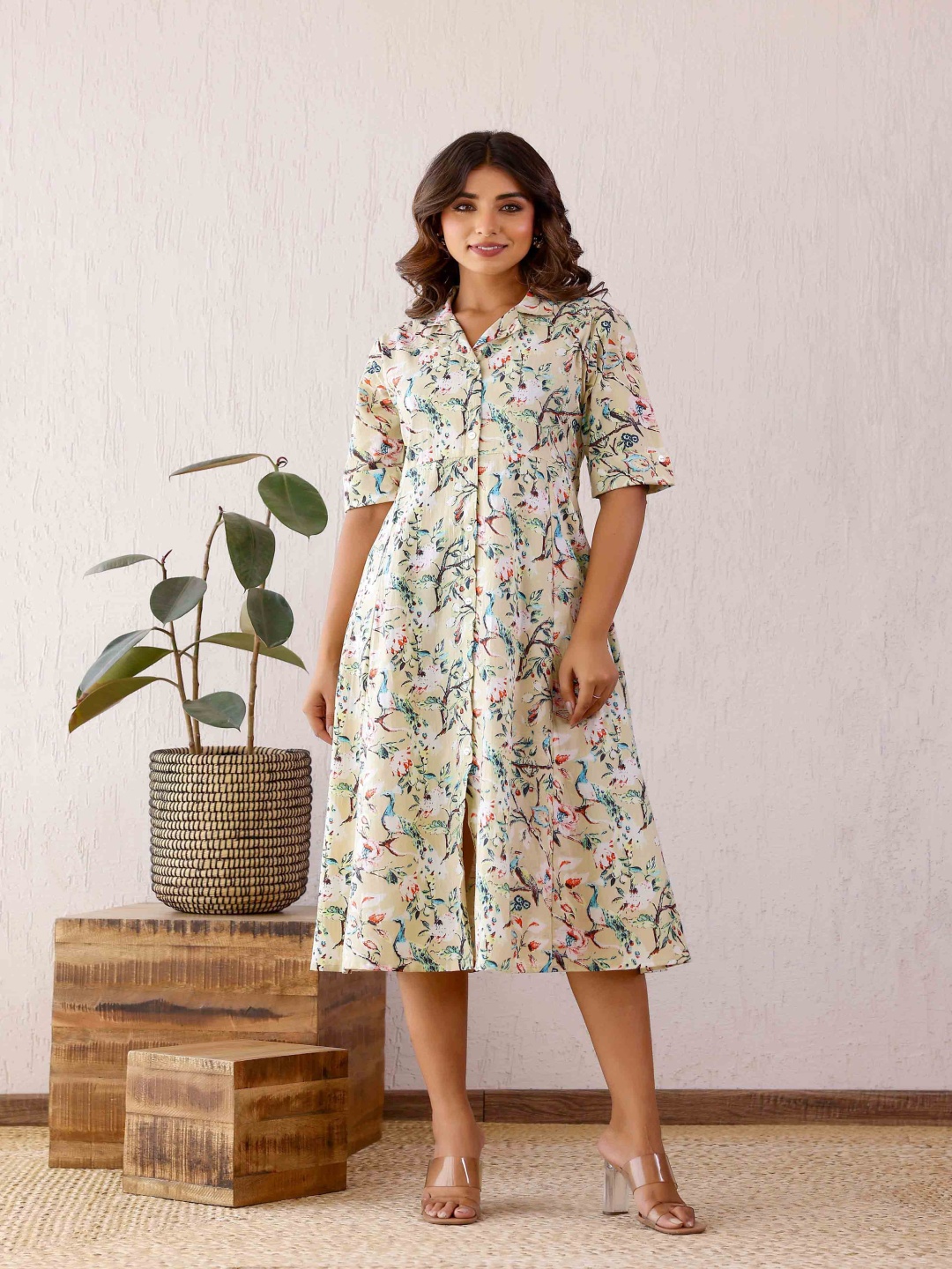 

FLAVIA CREATION Women Floral Printed A-Line Dress, Beige