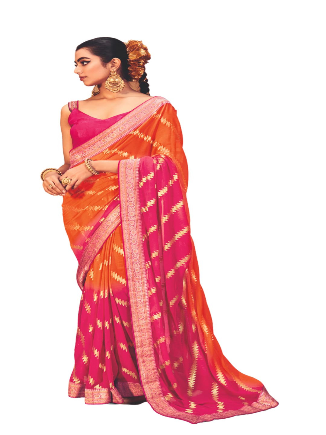 

CHUDIYA Woven Design Leheriya Pure Georgette Saree, Pink