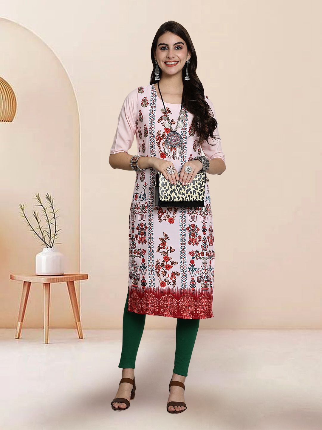 

7Threads Ethnic Motifs Printed Round Neck Straight Kurta, Pink