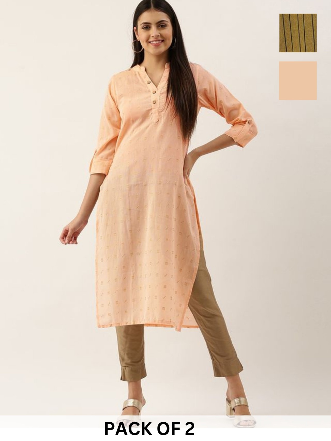 

KALINI Selection Of 2 Striped Round Neck Machine Weave Straight Kurta, Peach