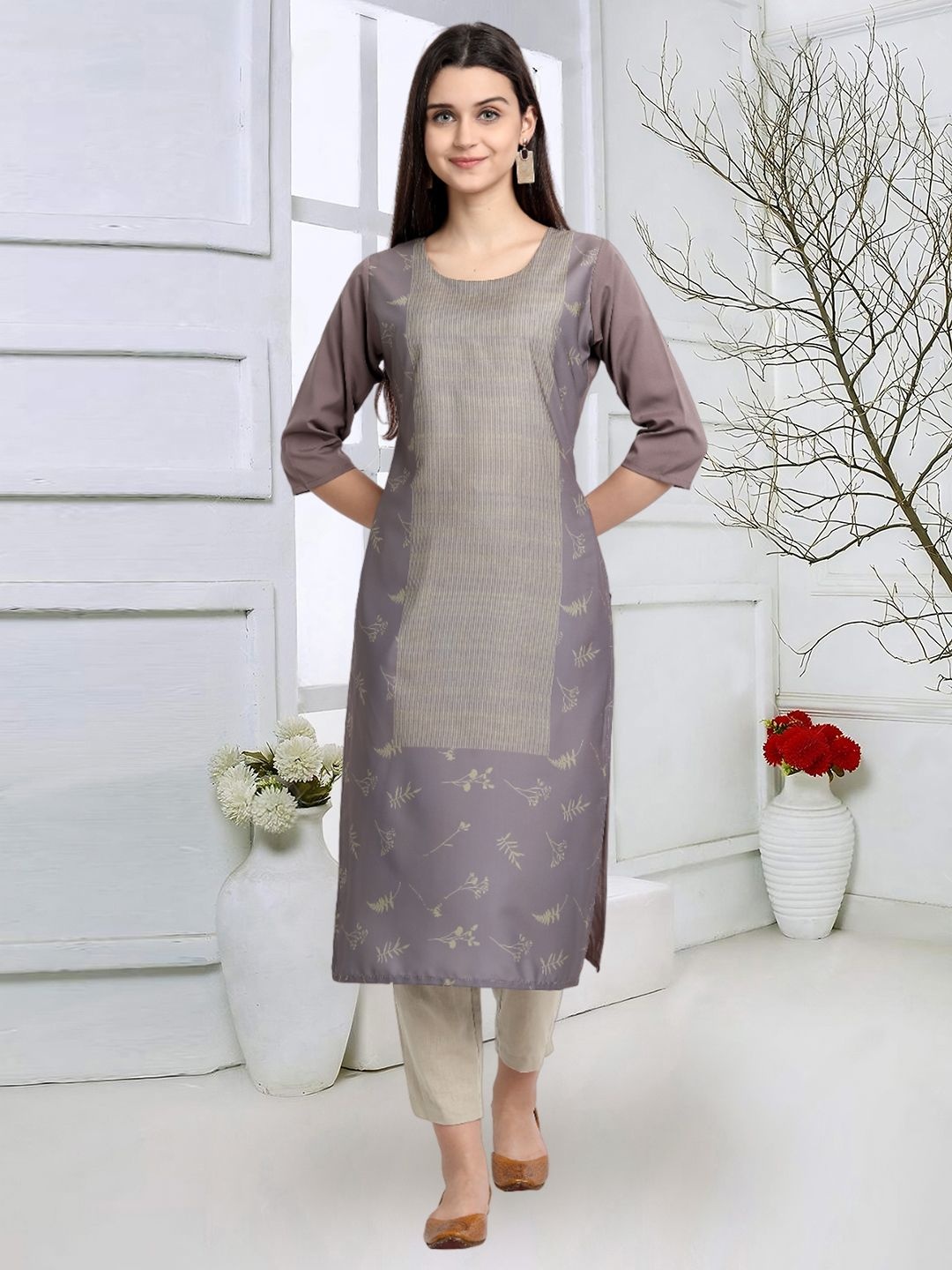 

7Threads Floral Printed Round Neck Straight Kurta, Brown
