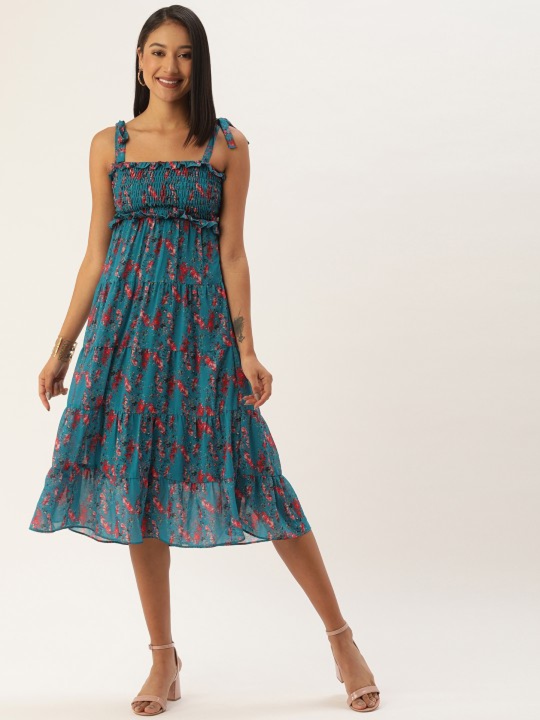 

MELOSO Floral Print Georgette Fit & Flare Maxi Dress, Teal