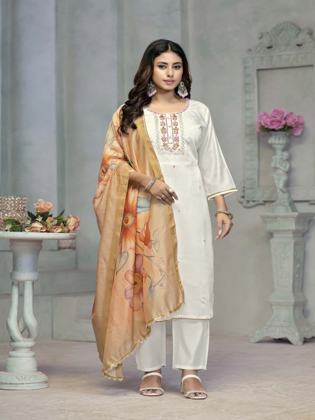 

MANVAA Women Beads and Stones Kurta & Trouser with Dupatta, White