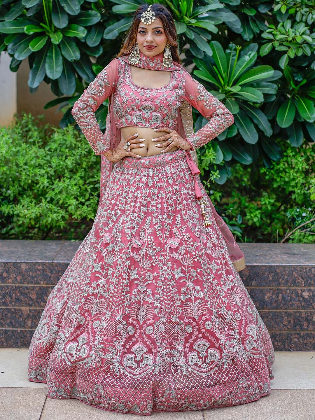 

FABPIXEL Embroidered Semi-Stitched Lehenga & Unstitched Blouse With Dupatta, Coral