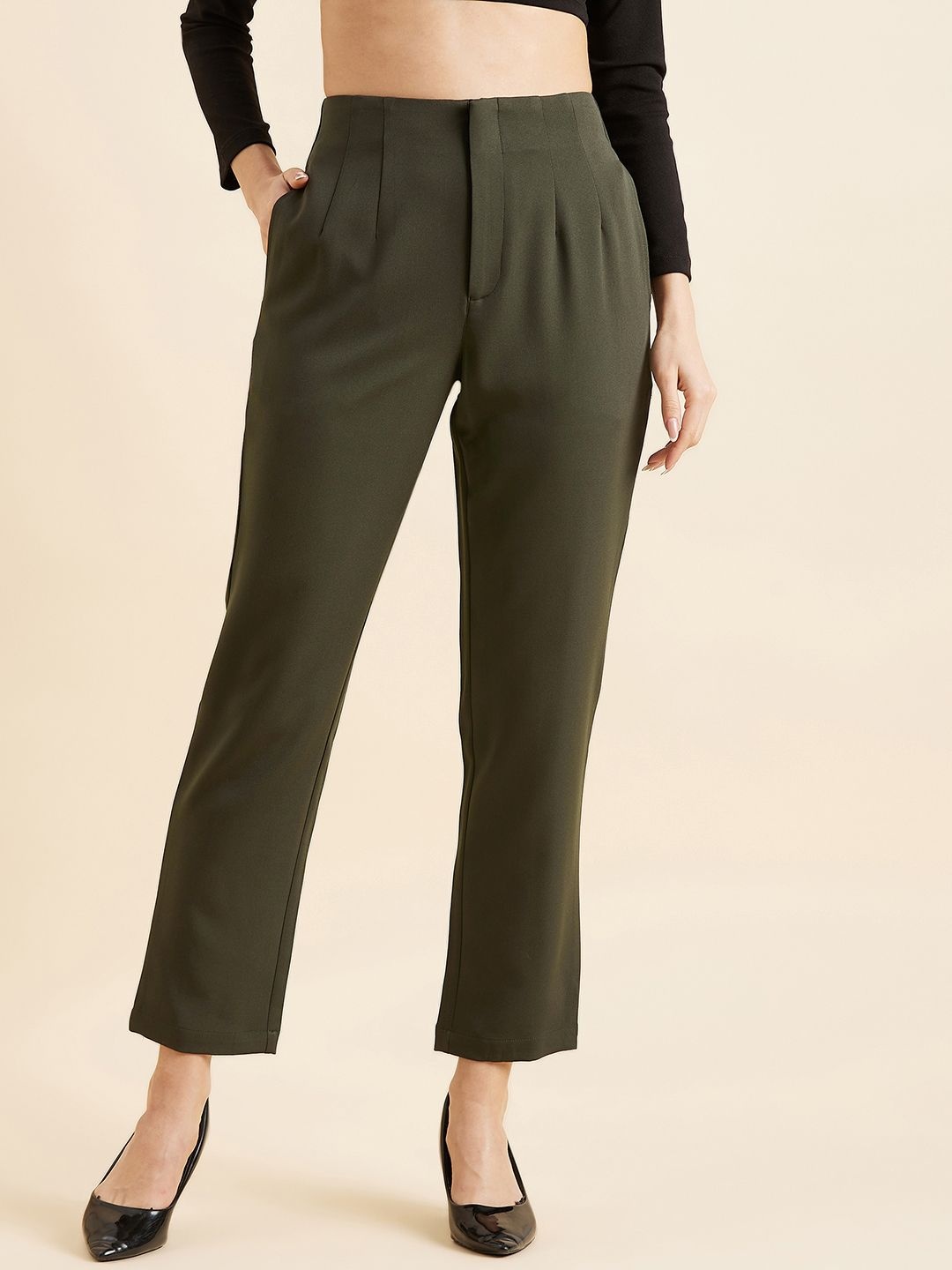 

PANIT Women Smart Straight Fit High-Rise Cropped Trousers, Olive