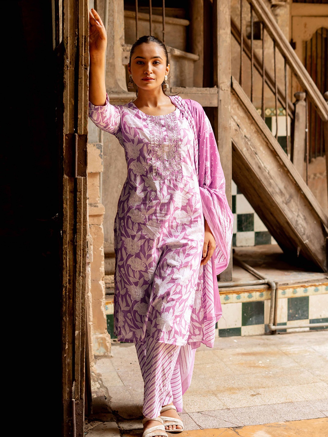 

KALINI Floral Printed Thread Work Pure Cotton Straight Kurta with Trousers & Dupatta, Pink