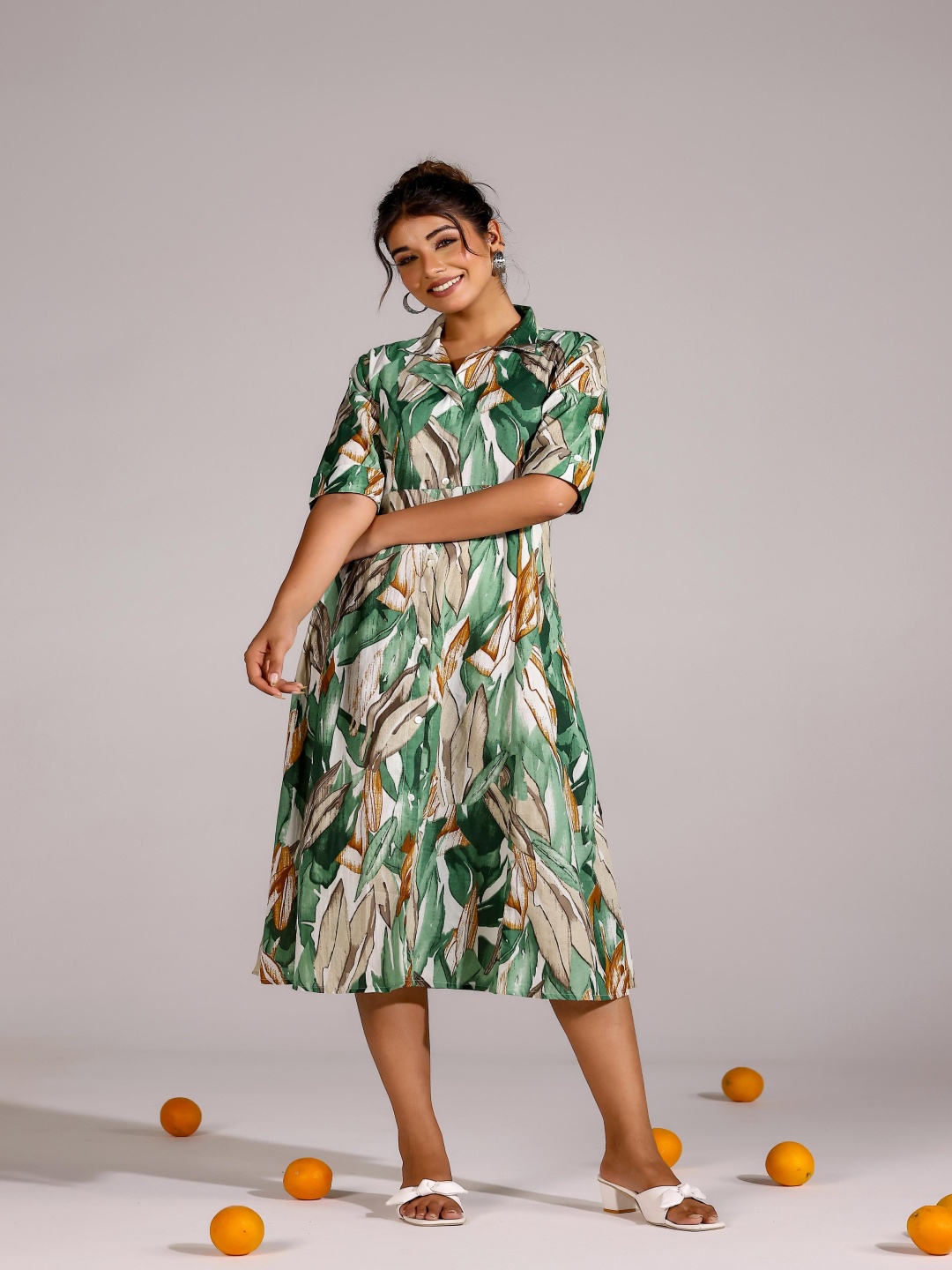 

FLAVIA CREATION Women Floral Printed Cotton Shirt Collar A-Line Midi Dress, Green