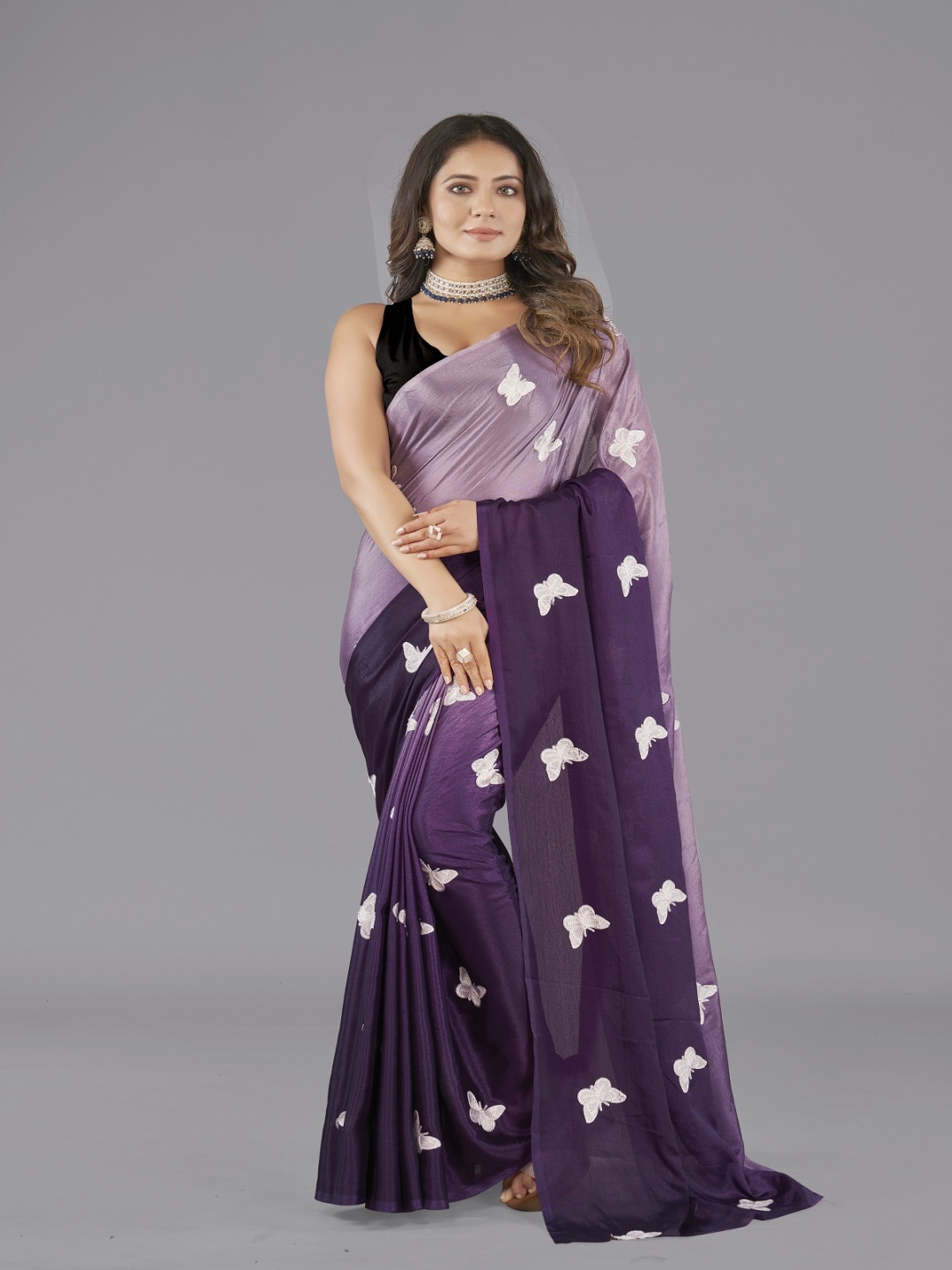 

LADY SHOPI Ethnic Motifs Embroidered Pure Chiffon Saree, Purple