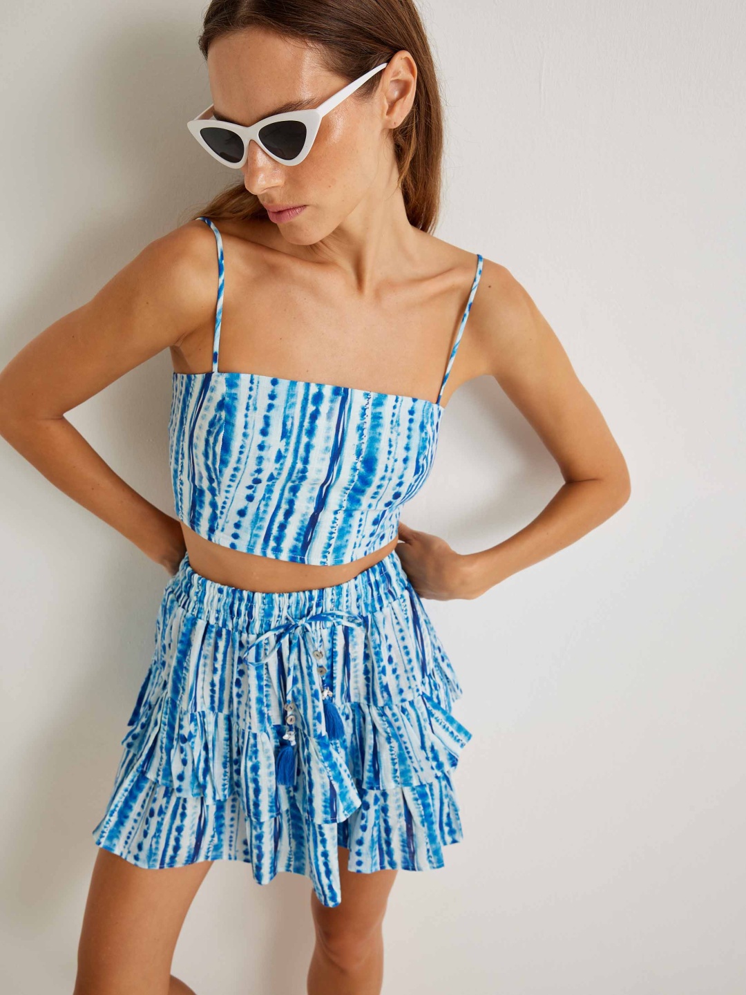 

Koton Print Cotton Cinched Waist Crop Top, Blue