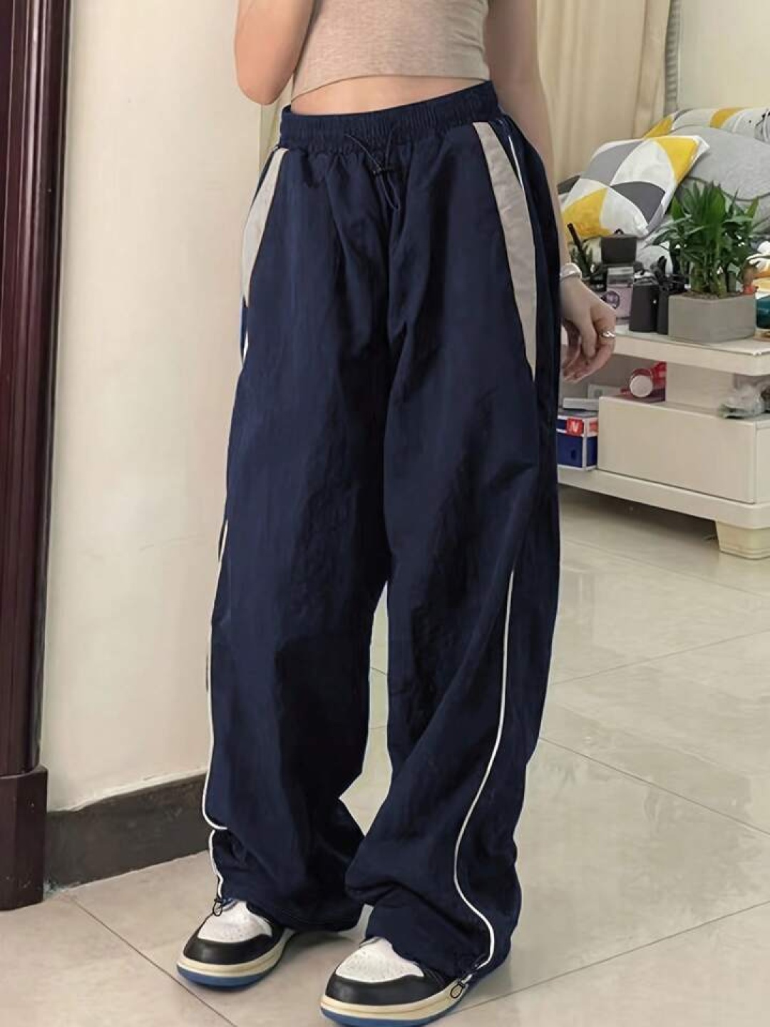 

SAAHASAM Women Striped Relaxed Loose Fit Trousers, Navy blue