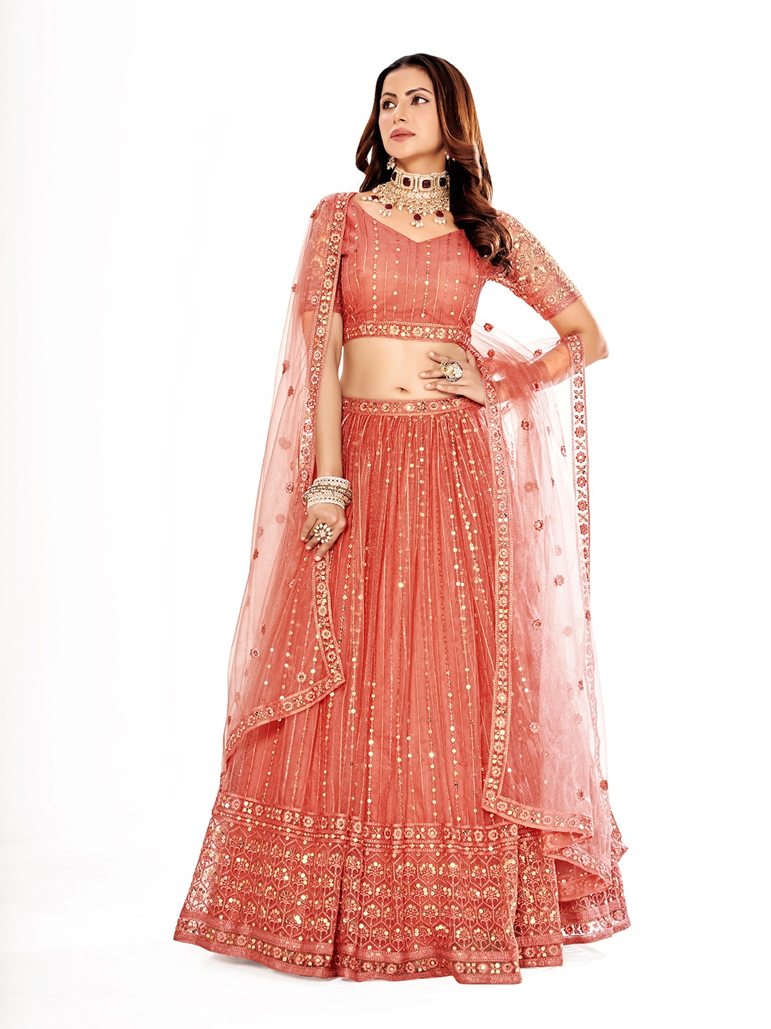 

SHOPGARB Embroidered Thread Work Semi-Stitched Lehenga & Unstitched Blouse With Dupatta, Pink