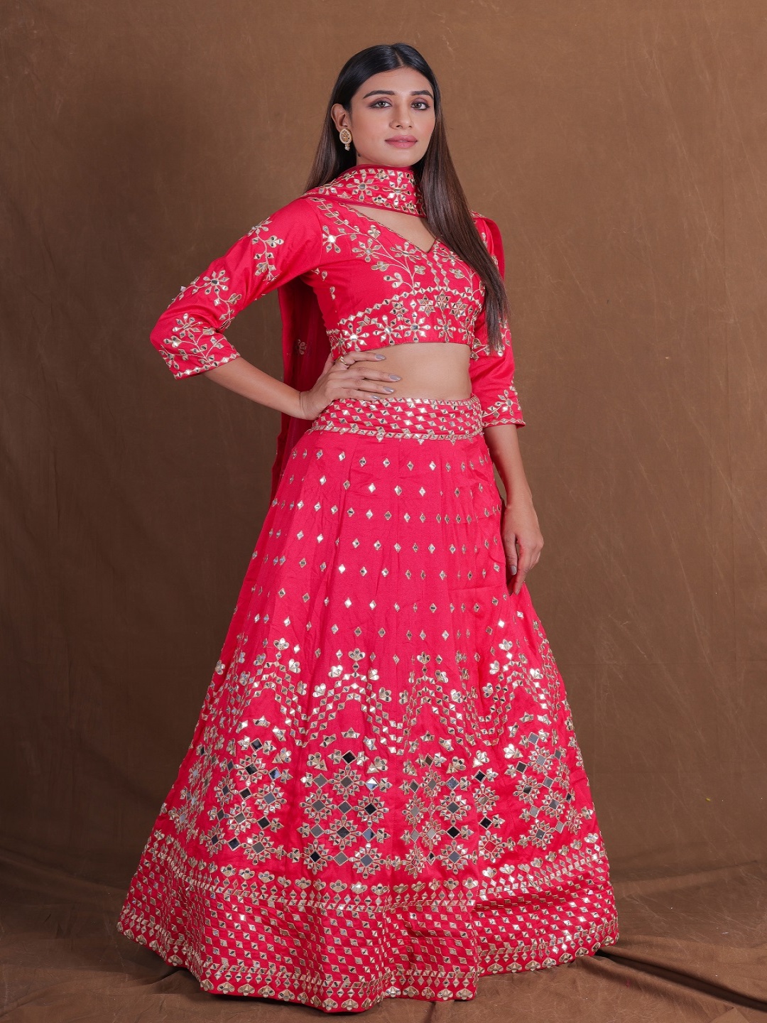 

JIHU CULTURE Embellished Semi-Stitched Lehenga & Unstitched Blouse With Dupatta, Pink