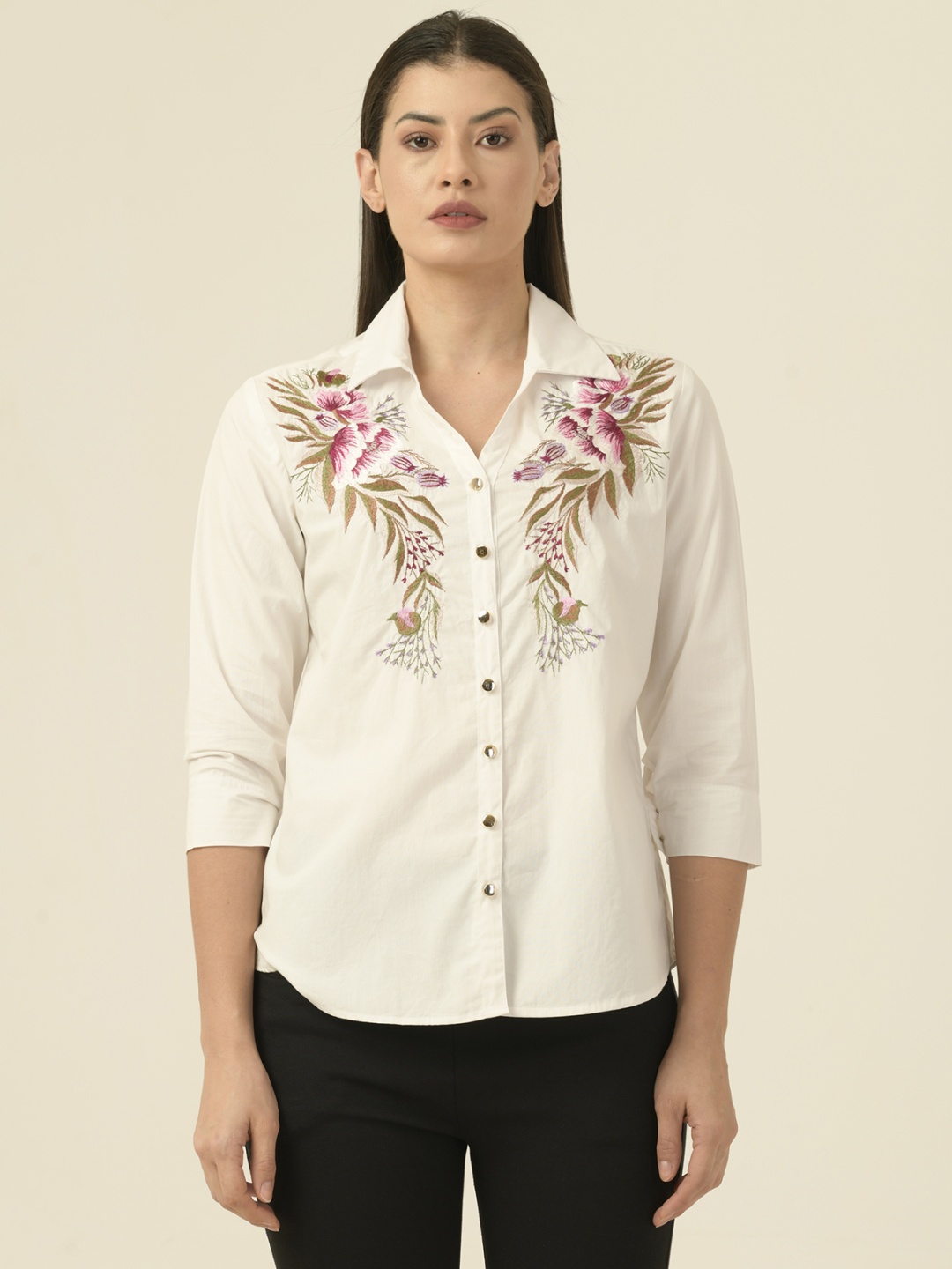 

Albion By CnM Women Floral Embroidered Casual Shirt, Off white