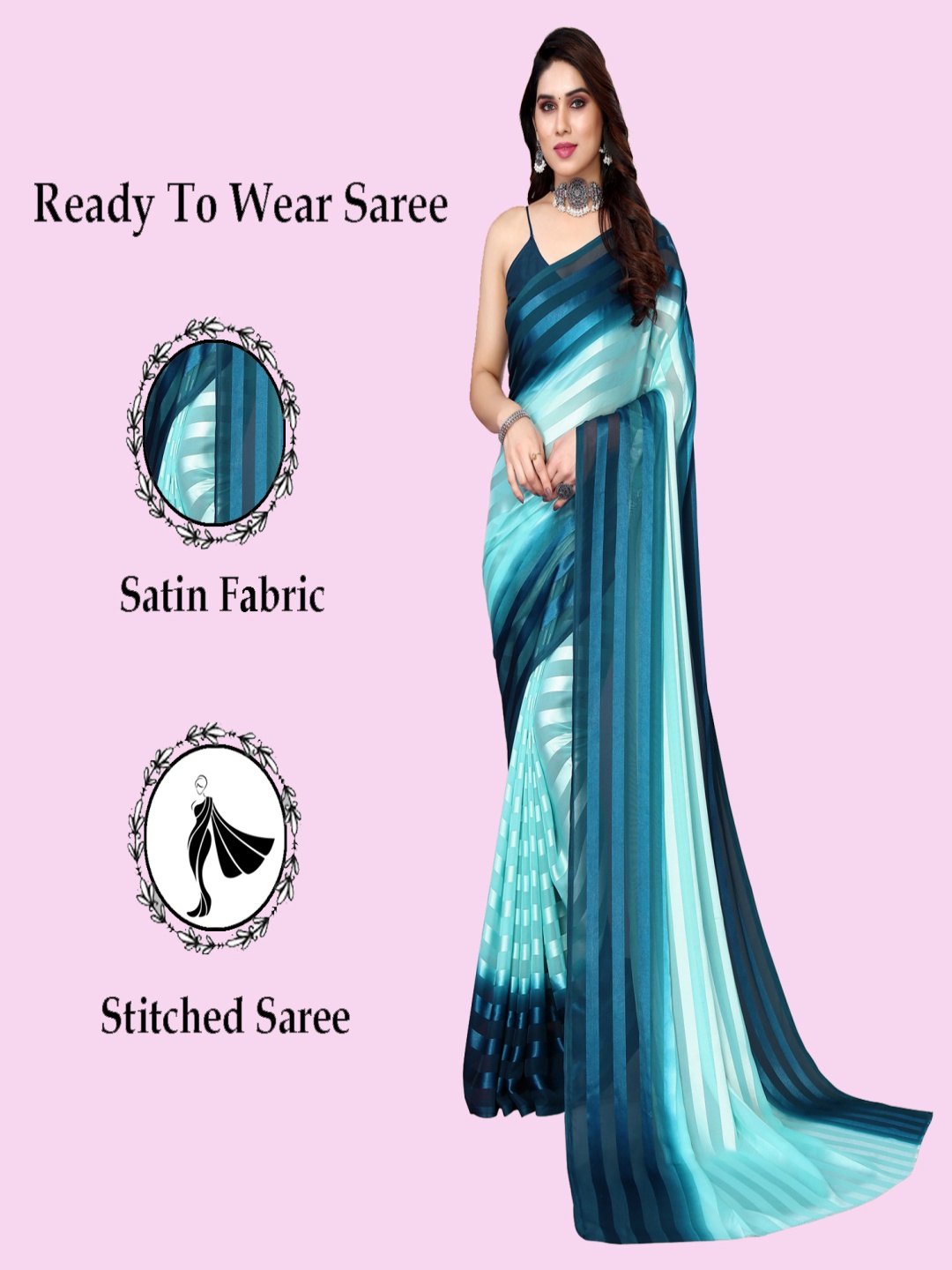 

ANAND SAREES Striped Satin Ready to Wear Saree, Blue