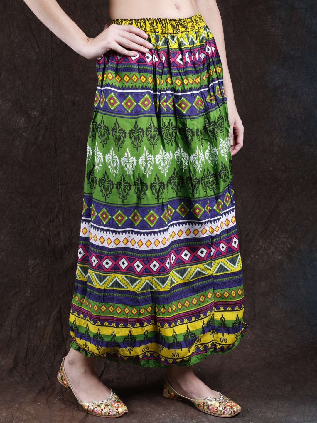 

Exotic India Ethnic Motifs Printed Pure Cotton Flared Maxi Skirts, Green