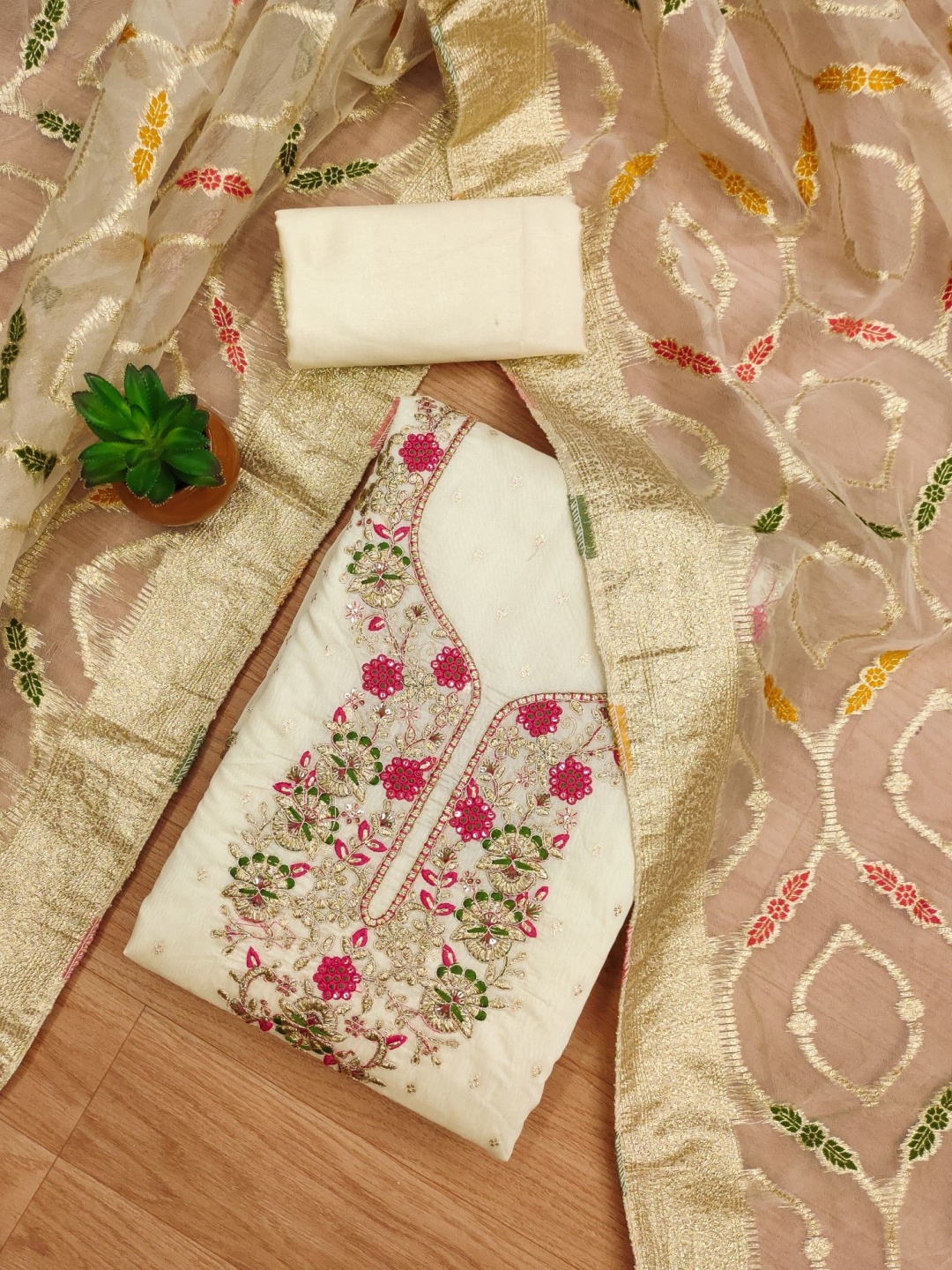 

KALINI Floral Embroidered Art Silk Unstitched Dress Material, White
