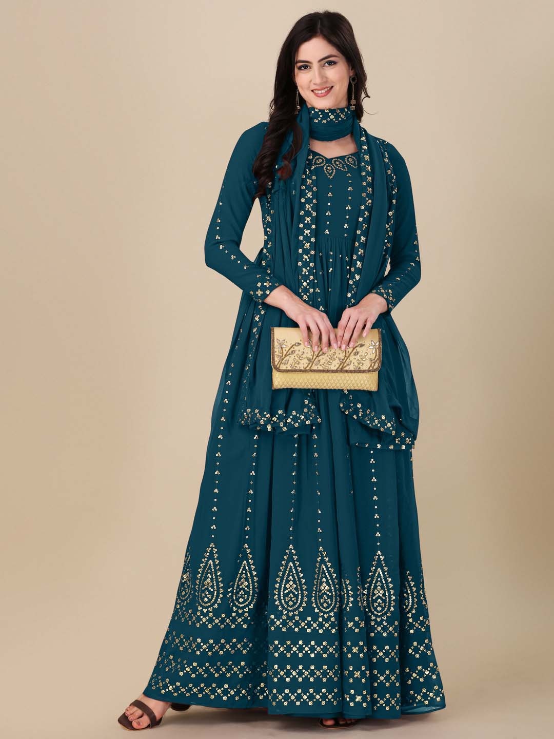 

Fashion Basket Embroidered Sequinned Semi-Stitched Dress Material, Turquoise blue