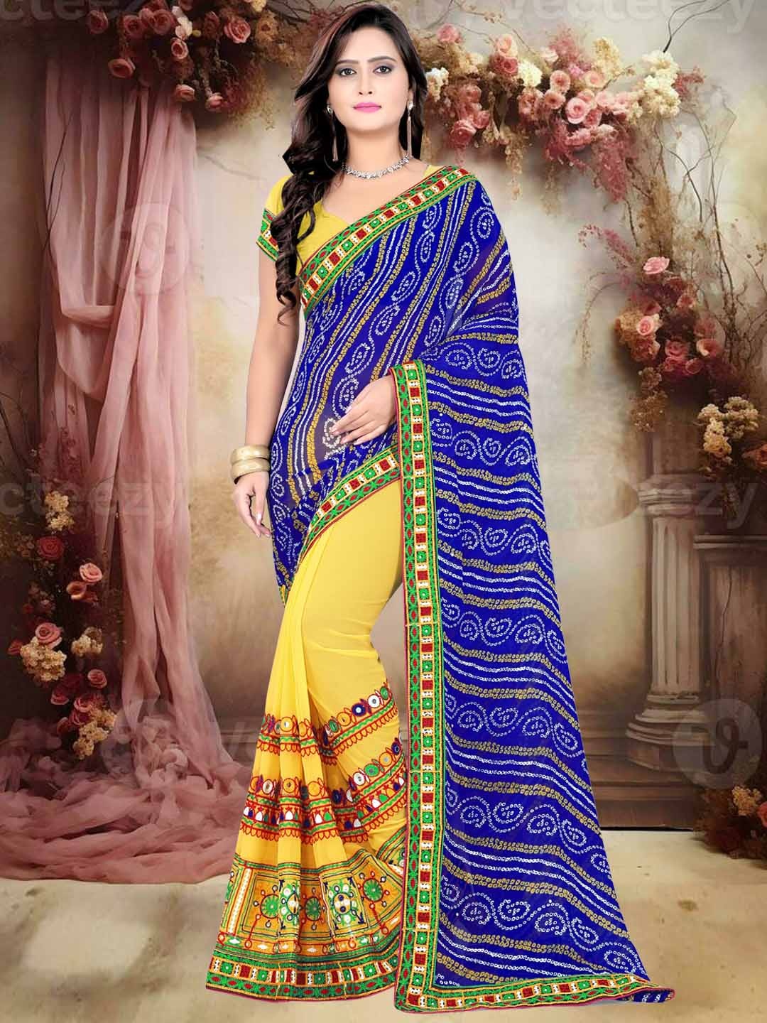 

KAVINDI Bandhani Beads and Stones Pure Georgette Half and Half Bandhani Saree, Blue