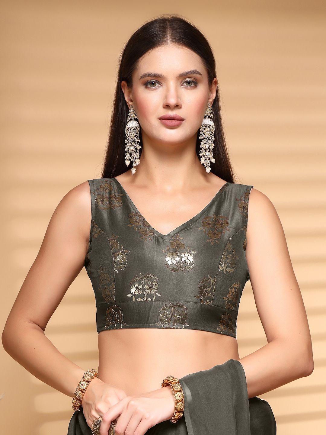 

Oomph! Non Padded V Neck Saree Blouse, Grey