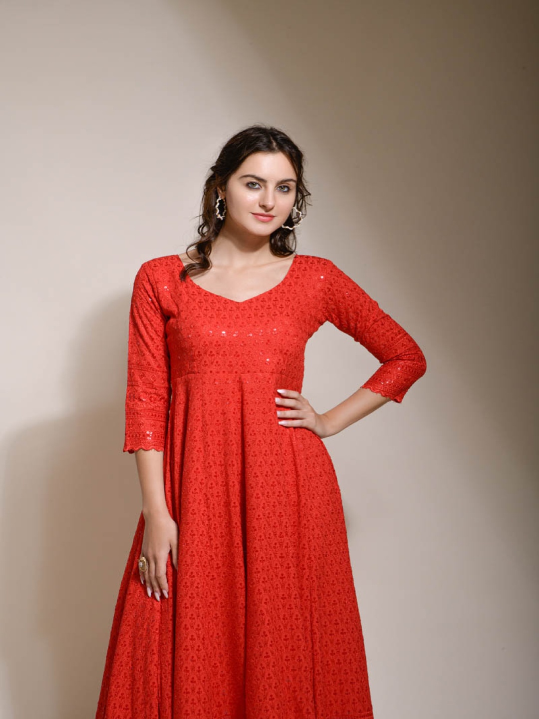

SAZRIKA Women Chikankari Embroidered Anarkali Kurta, Red