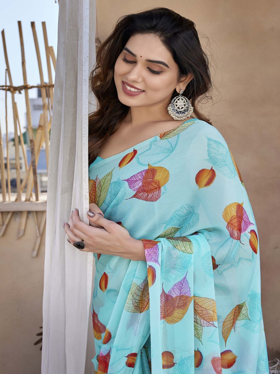 

KALINI Floral Printed Chiffon Saree, Turquoise blue