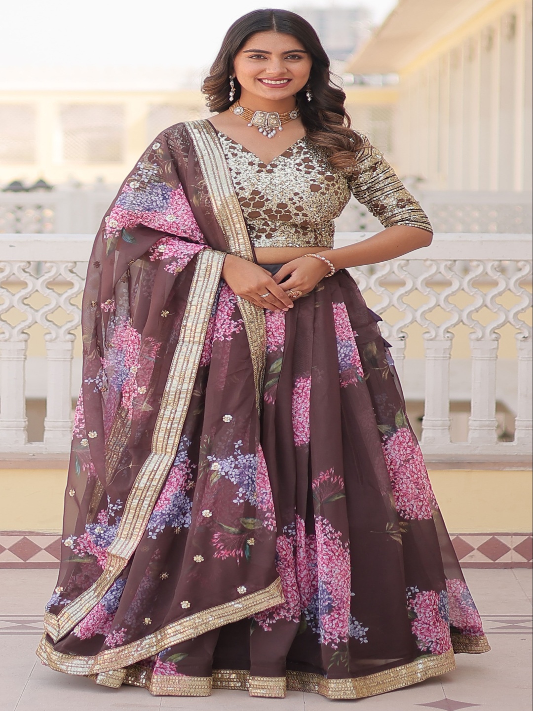 

Anara Embroidered Ready to Wear Lehenga & Unstitched Blouse With Dupatta, Brown