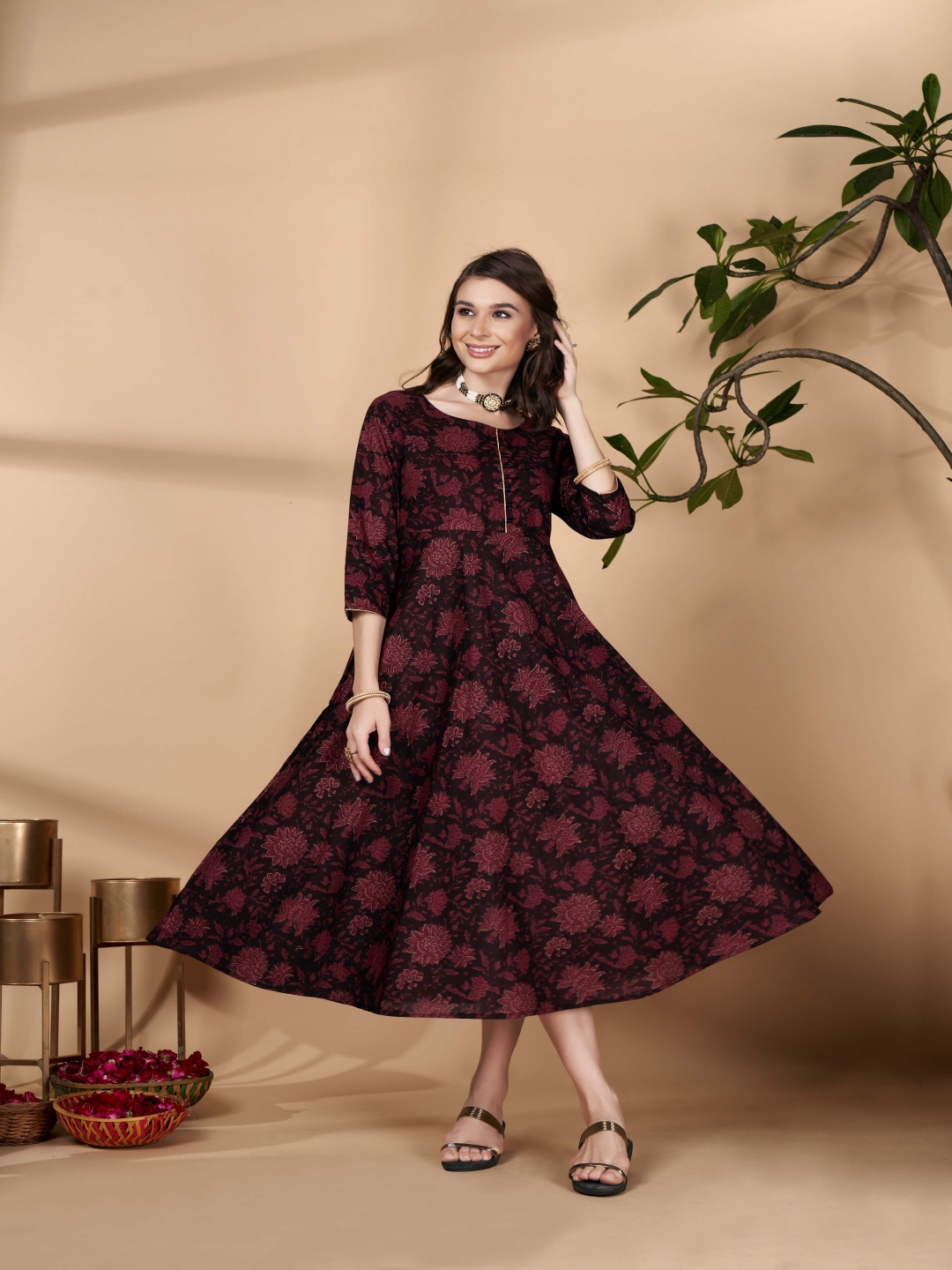 

Anouk Maroon Floral Printed Fit and Flare Cotton Ethnic Dress