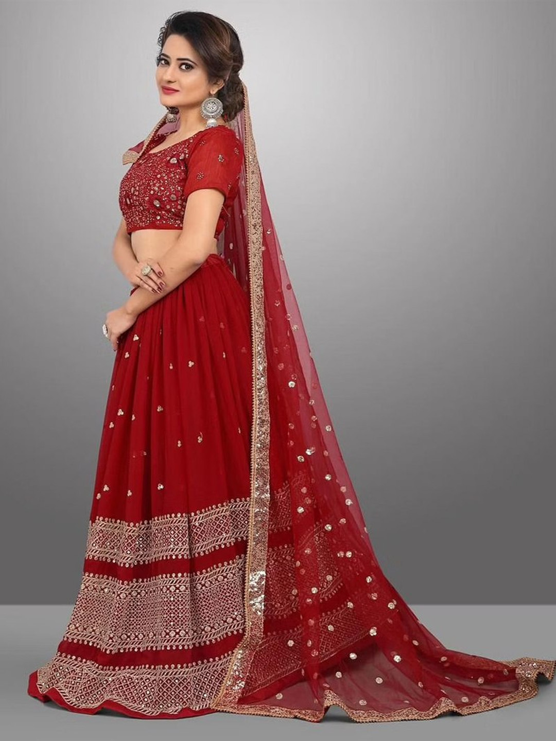 

Rujave Embroidered Sequinned Semi-Stitched Lehenga & Unstitched Blouse With Dupatta, Red