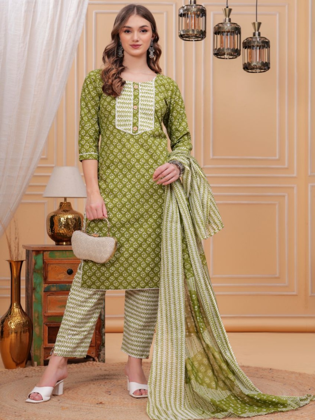 

KALINI Ethnic Motif Printed Embellished Pure Cotton Kurta With Trousers & Dupatta, Green